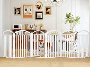 lot 4466 image: Folding No-Assembly Freestanding Dog Gate with Door,32 Heights Foldable Pet Fence,144 Extra Wide Accordion Puppy Folding Playpen for Doorways,House,Stairs (6 Panels,White)