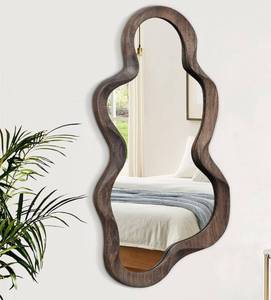 lot 4468 image: Large Asymmetrical Mirrors for Wall Wood Frame Irregular Mirror Unique Cloud Wavy Mirror Modern Living Room Bedroom Vanity Entryway Hallway Decorative Artistic Wall Mirror