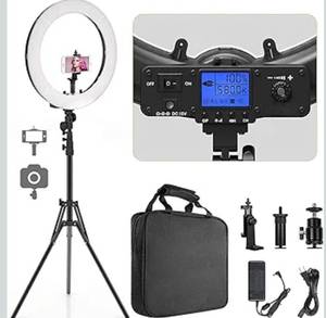 lot 4473 image: Pixel Ring Light, 19 Bi-Color LCD Display Ring Light with Stand, 55W 3000-5800K CRI��97 Light Ring for Vlogging Selfie-Portrait Live Stream Video Photography Shooting