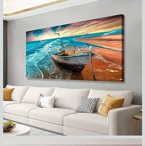 lot 4492 image: Beach Sunset Pictures Canvas Wall Art For Living Room Bedroom Wall Decor,Seascape Wall Art Print Paitnings For Home Decor,Morden Artwork Boat Canvas Art Waterproof Ready To Hang-24x48 Inches