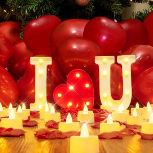lot 4566 image: Homemory I Love U Light Up Letters Proposal Decorations, I Love U Sign with 24Pcs Flameless Candles 1000Pcs Red Fake Rose Petals 30Pcs Red Balloons for Valentines Day Wedding Proposal Romantic Night