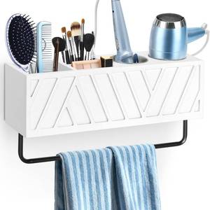lot 4591 image: Hair Tool Organizer Wall Mounted with Towel Bar, Wood Hair Dryer and Styling Holder for Bathroom, Vanity Caddy Storage Stand for Storage Bathroom Accessories, Flat Iron, Blow Dryer, Brushes(White)