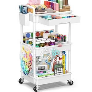 lot 4592 image: SUNALLY 3 Tier Rolling Cart with Drawer, Bathroom Storage Organizer with 2 Lockable Wheels, Multifunctional Rolling Storage Cart for Bathroom, Kitchen, Office, Craft, Makeup, Baby Essentials, White