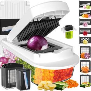 lot 4594 image: 8 Blade All-in-1 Vegetable Chopper Mandoline Slicer with Container, Food Chopper, Onion Chopper, Veggie Cutter for Salad, Kitchen Gadgets Accessories Essentials, White