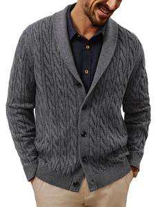 lot 4665 image: PJ PAUL JONES Mens Sweaters Shawl Collar Cardigan Sweater Cable Knitted Button Down Classic Sweaters Dark Green - XL