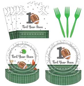 lot 4690 image: 96 Pcs Football First Birthday Plates and Napkins Party Supplies Set for 24 Guests, Its Game Time First Year Down Decorations Game On Football Boy Birthday Party Plates Fork Napkins Tableware