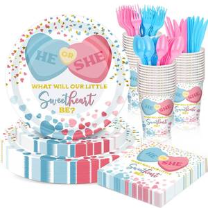 lot 4710 image: Sunnychicc 168 Pcs Valentines Sweetheart Gender Reveal Baby Shower Decorations Sweetheart Blue or Pink Tableware Set He or She Disposable Paper Plates Cups Utensils for Gender Reveal Party Serve 24