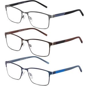 lot 4725 image: DJOLENSA 3 Pack Reading Glasses Men, Blue Light Blocking Reading Glasses 1.5, Anti EyestrainGlareUV, Metal Frame Spring Hinge Computer Readers with Pouches (1.5)
