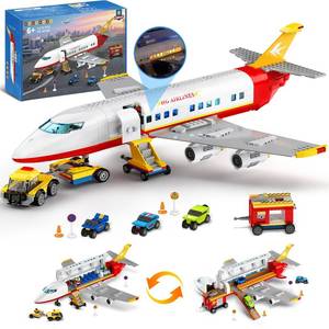lot 4735 image: HOGOKIDS 2 Style City Airplane Building Set with LED Light - Plane Building Blocks Switch Passenger Cargo Projectile Toy with 3 Cars, Planes Model Toys Valentines Gifts for Kids Boys Girls Age 6-12