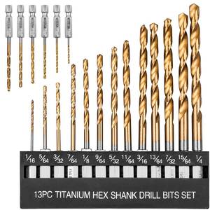 lot 4754 image: AUYAARS 19 PCS Hex Shank Drill Bit Set, 116-14 HSS Titanium Coated Twist Bits for Metal Wood Plastic, 4241 High Speed Steel Small Quick Change Drill Bits with Holder