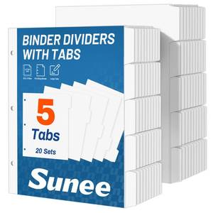 lot 4758 image: SUNEE Binder Dividers with Tabs for 3 Ring Binder, 8.5 x 11 Paper White Binder Dividers Blank with 5 Tabs, 20 Sets Page Dividers for School, Office and Home, 100 Dividers