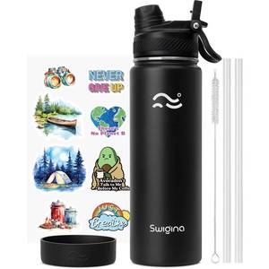 lot 4760 image: Swigina 2-IN-1 LID Insulated Water Bottle with Silicone Boot (36hrs Cold18hrs Hot) - DIY Stickers, Leakproof, BPA Free, Black, 24 oz