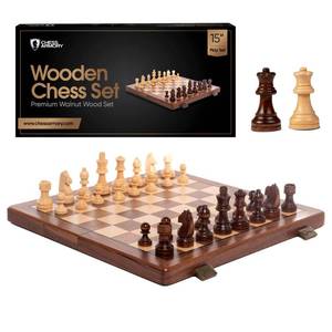 lot 4786 image: Chess Armory Wooden Chess Set 15 Inch - Premium Walnut Wood Handcrafted Game Board for Adults and Kids with Extra Queen Pieces and Storage Box - Ideal for Home and Travel - Non-Magnetic