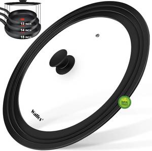 lot 142045 image: Walfos Universal Lid for Pots, Pans and Skillets - Tempered Glass with Heat Resistant Silicone Rim, Fits 13, 14 and 15 Diameter Cookware