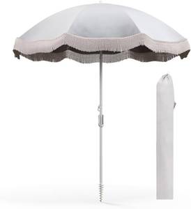 lot 142049 image: HAPPYGRILL 6.5 FT Outdoor Fringe Beach Umbrella, UPF50 Sun Protection, Portable Sunshade Umbrella with Carrying Bag, Push Button Tilt, Patio Tassel Umbrella for Garden Lawn Poolside Table, (Cream White)