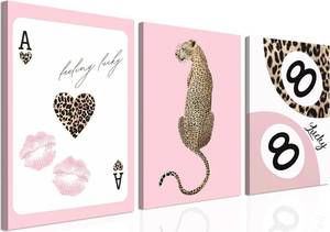 lot 142063 image: Trendy Leopard Canvas Wall Art Set of 3 - Pink Cheetah Prints Wall Decor Pictures, Funky Lucky You 8 Ball Poster Preppy Aesthetic Paintings, for Girls Bedroom Dorm Apartment 16x24 inch Framed