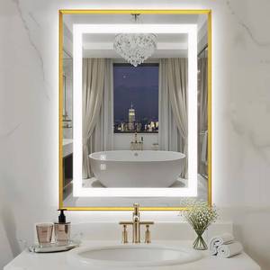lot 142068 image: Retails for $120 24X32 Inch LED Bathroom Mirror with Lights, Gold Frame Frontlit Backlit Bathroom Vanity Mirror for Wall, Ultra-Clear Tempered Glass, Shatter-Proof, Anti-Fog and Memory Function, ETL Listed