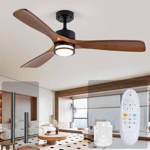 lot 142084 image: 52  Outdoor Ceiling Fan with Light, 3 Walnut Solid Wood Blade, Remote Control, 3CCT Dimmable LED, Timer, 6-Speed Reversible Motor All-Weather Use for Living Room or Patio