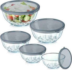 lot 241976 image: Thick Glass Mixing Bowls with Airtight Lids Set, 5-Piece Nesting Bowls for Baking & Meal Prep, BPA Free, Dishwasher Safe, 0.50.81.62.74.4 Quart - Gray
