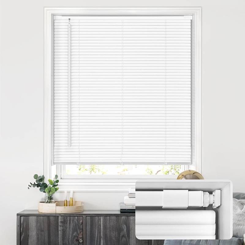 lot 171204 image: LazBlinds No Drill Blinds for Indoor Windows, Cordless 1 Vinyl Mini Blinds, Privacy S-Curve Blinds for Windows, Room Darkening Horizontal Window Blinds and Shades for Home, 32 W x 64 H, White