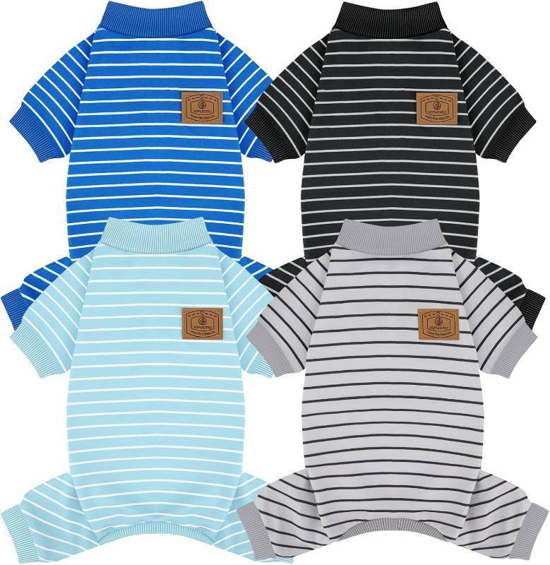 lot 371122 image: XPUDAC 4 Pack Dog Pajamas Striped Dog Clothes for Small Medium Dogs Girl Boy Comfy Puppy Outfit Doggy Jammies Onesie Pet Costume, Blue, Grey, Green, L