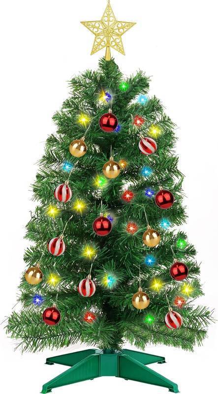 lot 371126 image: 3FT Green Christmas Tree Tinsel with 50 Warm White & Multi Color Fariy Light 3D Star 15 Ball Ornament, 12 Light Modes Timer Battery Operated Small Artificial Full Xmas Tree Table Indoor Holiday Decor