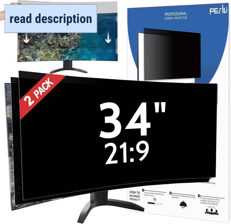 lot 371130 image: Retails for $160 2 Pack 34 Inch Privacy Screen for Computer Curved Monitor 219 Aspect Ratio, Eye Protection Anti Blue Light Glare Shield, 34inch Removable Black Blackout Anti Spy Desktop Security Private Filter