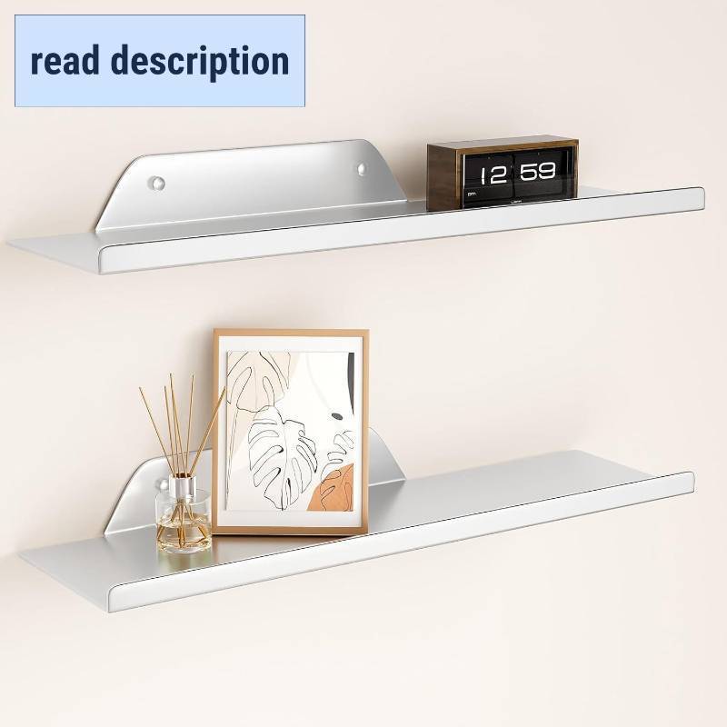lot 371135 image: Floating Shelves for Wall, Off Center Metal Shelves for Living Room, Silver Floating Shelves for Wall Decor, 12  Hanging Shelves for Bedroom Bathroom Kitchen Plants(2 PCS)