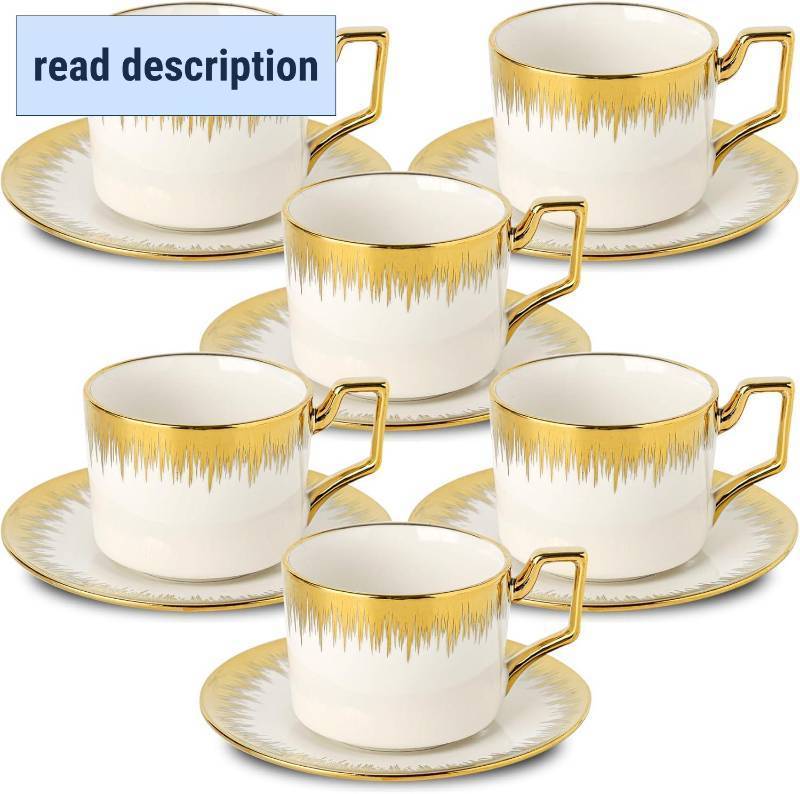 lot 371144 image: LETAOTAO Cappuccino Cups with Saucers, 8.5 oz Stackable Ceramic Coffee Cup and Saucer with Gold Trim, Turkish Coffee Cups Set for Double Espresso, Tea Cups Set of 2, White