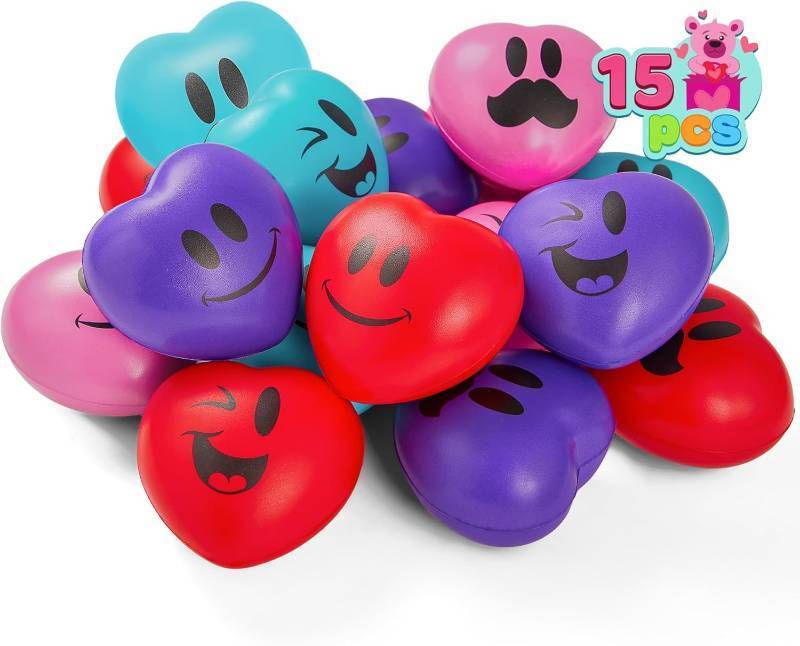 lot 471267 image: JOYIN 15 Pcs Valentines Heart Shape Stress Ball, Valentines Day 3 inch Heart Ball Squishy Toy Exchange Gift for Kids, Stress Relief Party Favors, Holiday Reward Prizes