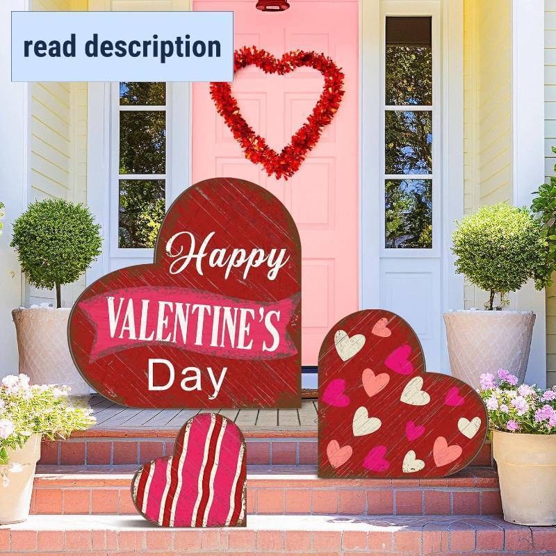 lot 471285 image: 3 Piece Valentines Decorations Outdoor Large Heart Wooden Porch Signs Valentines Wood Love Ornaments Sign for Front Door Home Farmhouse Garden Patio Wedding (Charm Style)