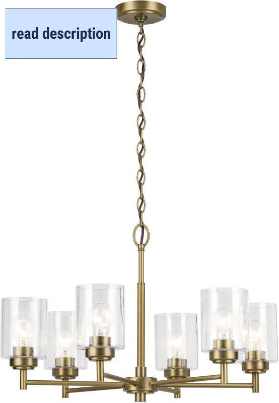 lot 101467 image: Retails for $215 Kichler Winslow 26 6 Light Chandelier with Clear Seeded Glass in Natural Brass for Dining Room, Living Room, Kitchen and Rooms with Vaulted Ceilings, Industrial Style, (26 x 26 x 16.5) 52616NBR