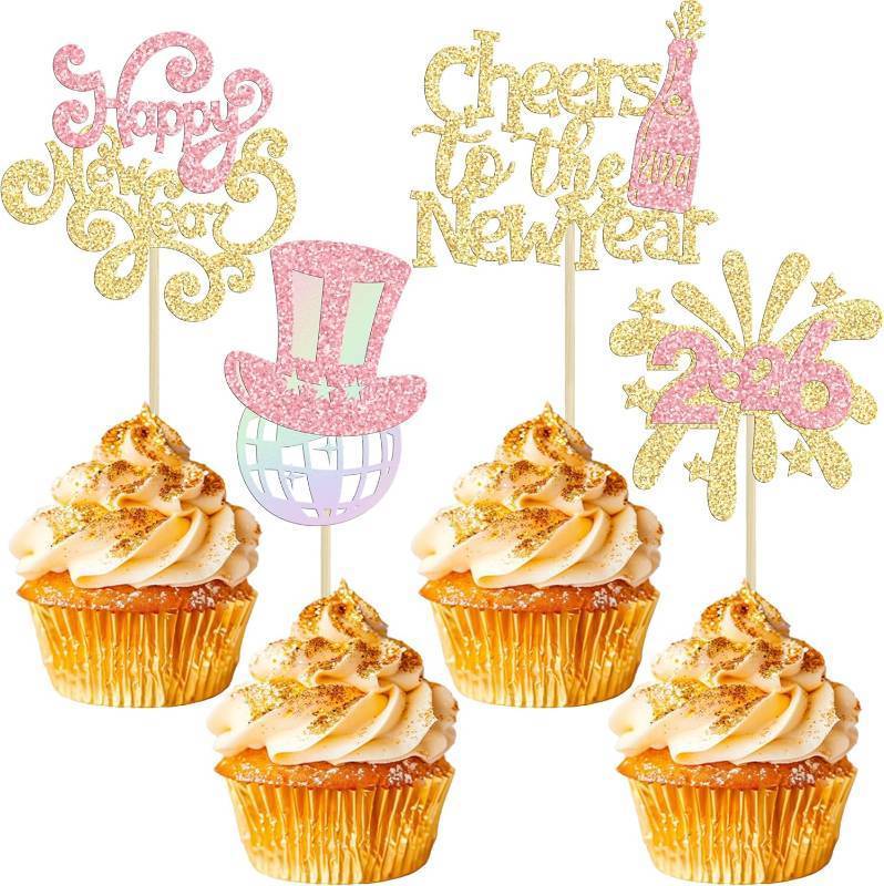 lot 101469 image: Ephlyn 24Pcs 2026 Happy New Year Cupcake Toppers Glitter Fireworks Cheers to 2026 Cupcake Picks for Welcome 2026 Happy New Year Theme Holiday Party Cake Decorations Supplies Gold