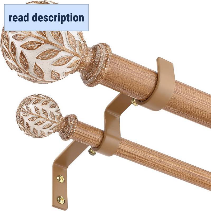 lot 101490 image: Wood Double Curtain Rod, Boho Decorative Long Dual Curtain Rods for Windows 84 to 120 Inch, 1 Adjustable Heavy Duty Double Rod, Unique Handmade Imitation Wood Grain Leaf Finial Design
