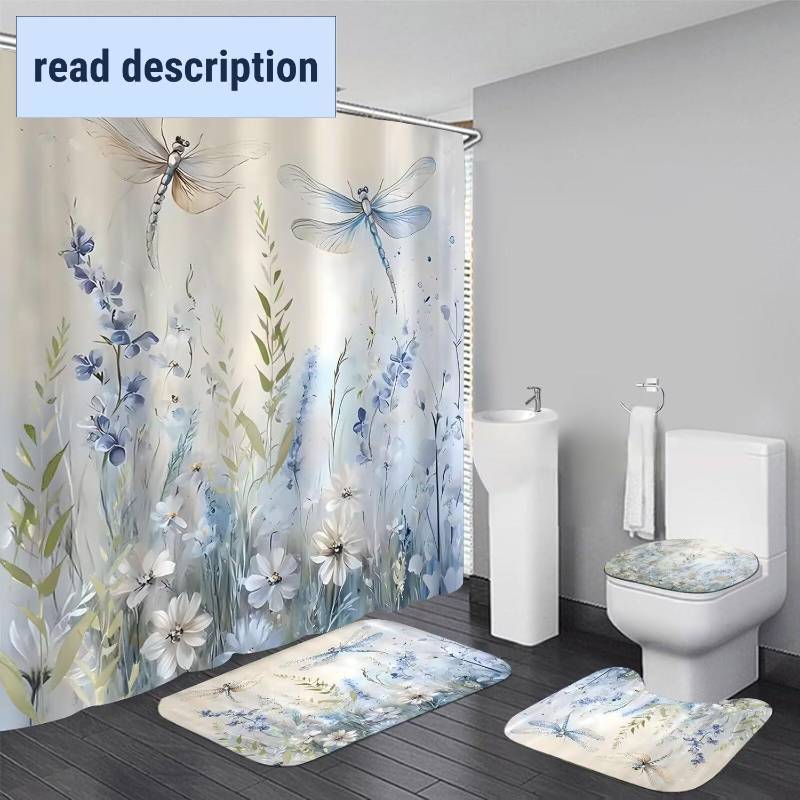 lot 101491 image: DDQQ Blue Flower Dragonfly Shower Set Floral Home Bathroom Sets with Rugs, Green Leaves Bathroom Decor Shower Set with Carpet Bath Mat Toilet Rugs