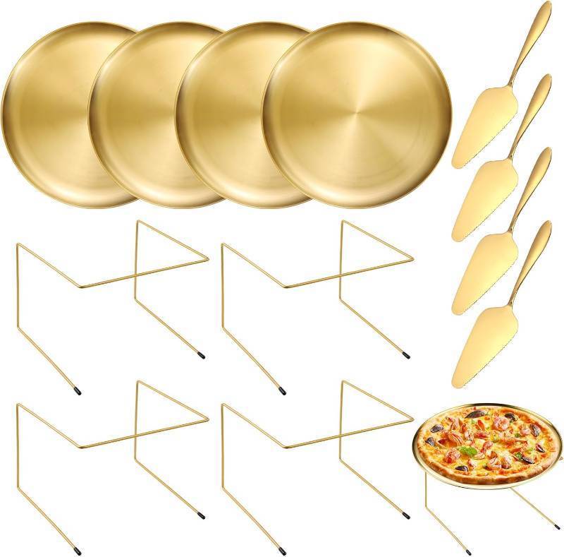 lot 201317 image: GRETJOB 12 Pcs Pizza Pan Riser Stand Set, 4 Metal Pizza Table Stands  4 Nonstick Pizza Pans  3 Pie Servers, Gold Pizza Rack & Tray for Baking, Dessert, Cheese, Party, and Restaurant Use (Gold)