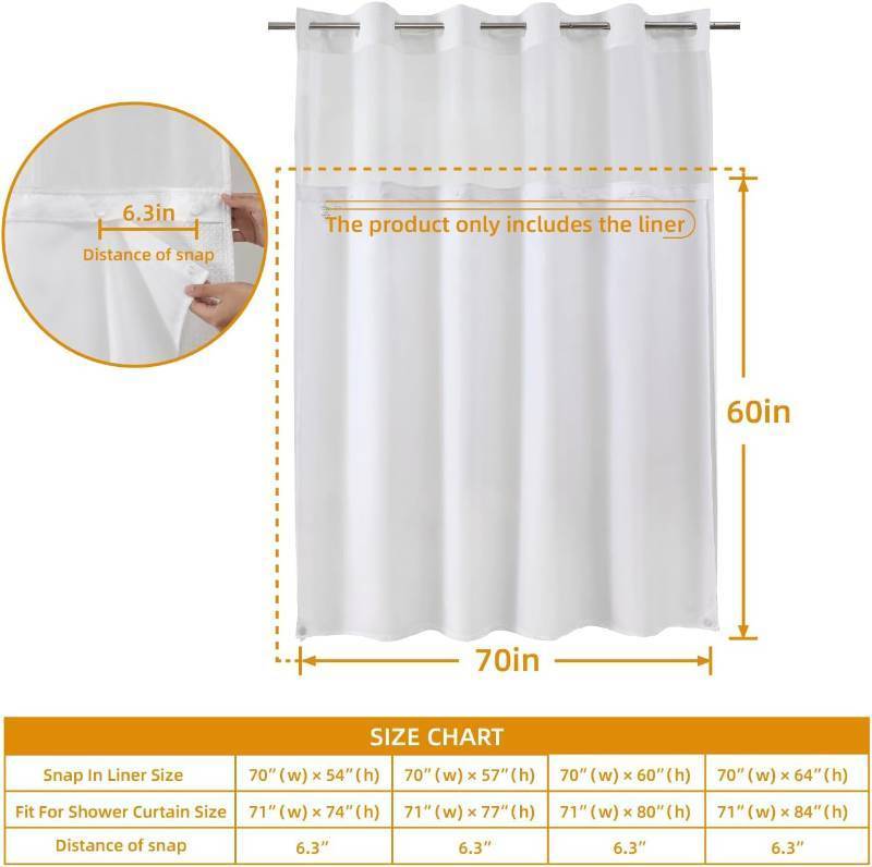 lot 401303 image: 2 Pack Fabric Snap-in Shower Curtain Liner Replacement,Compatible with No Hook Shower Curtain with Snap in Liner, Removable & Water-Repellent,Machine Washable,70x60,White