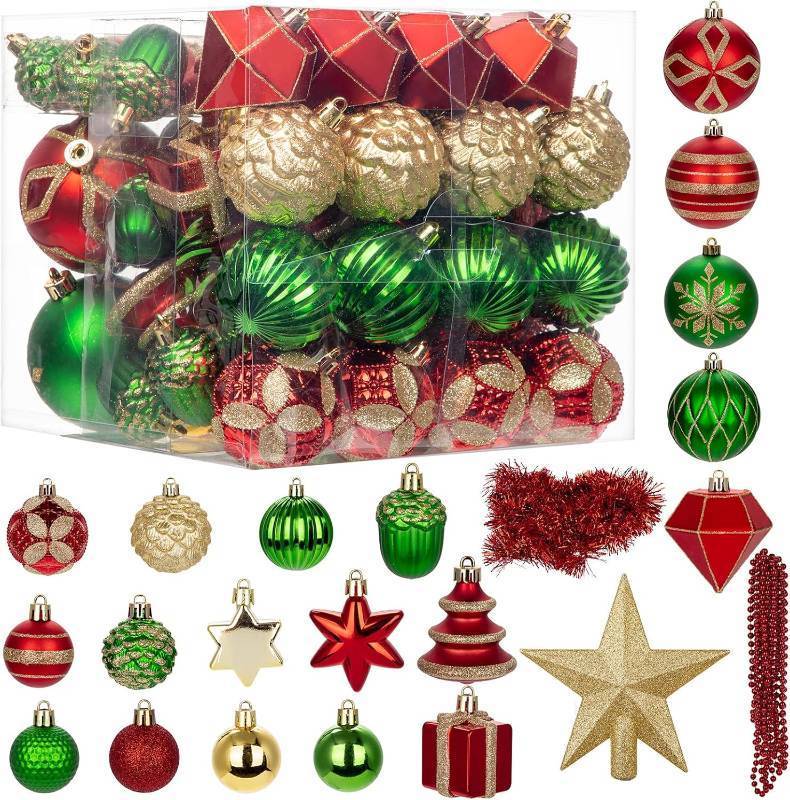 lot 111557 image: 75PCS Christmas Ornaments Set Red & Green   Shatterproof Xmas Tree Decorations Balls Kit with Tree Topper Star, Tinsel Garland, Hanging Baubles for Holiday Party D cor Indoor Outdoor