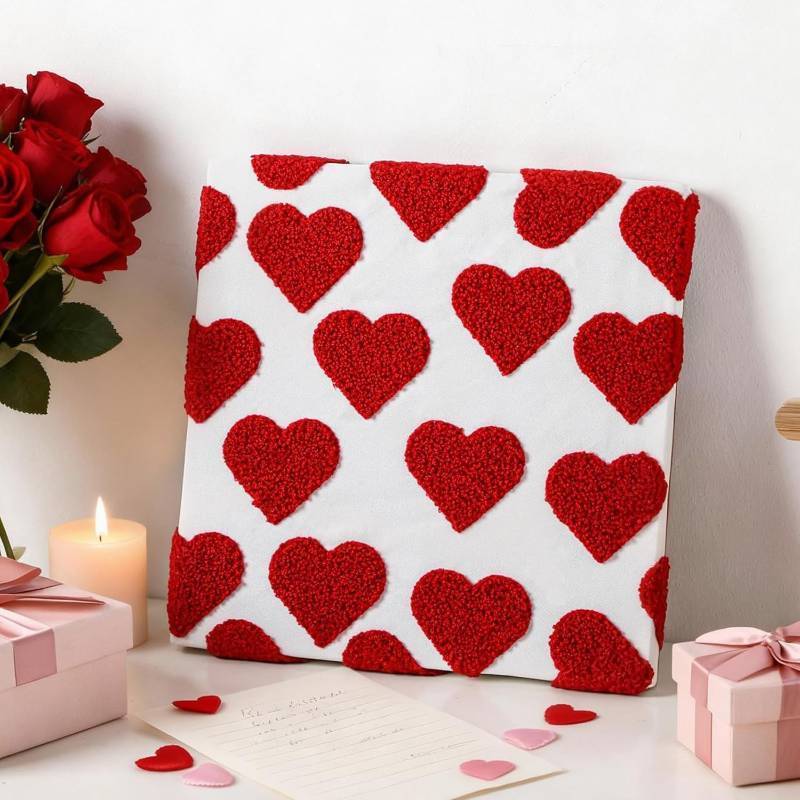 lot 111573 image: Threehoney Valentines Day Wall Art Red Heart Tufted Canvas 3D Decor 10 x 10 Inch Tufted Heart Valentines Canvas Painting Sign 3D Embroidered Wedding Decor for New Home Living Room Bedroom
