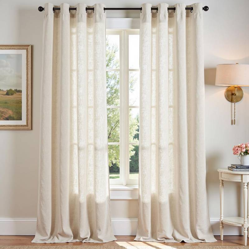 lot 311276 image: JINCHAN Linen Curtains for Living Room Beige Grommet Top Window Treatment Set for Bedroom 2 Panels 96 inches Long Crude