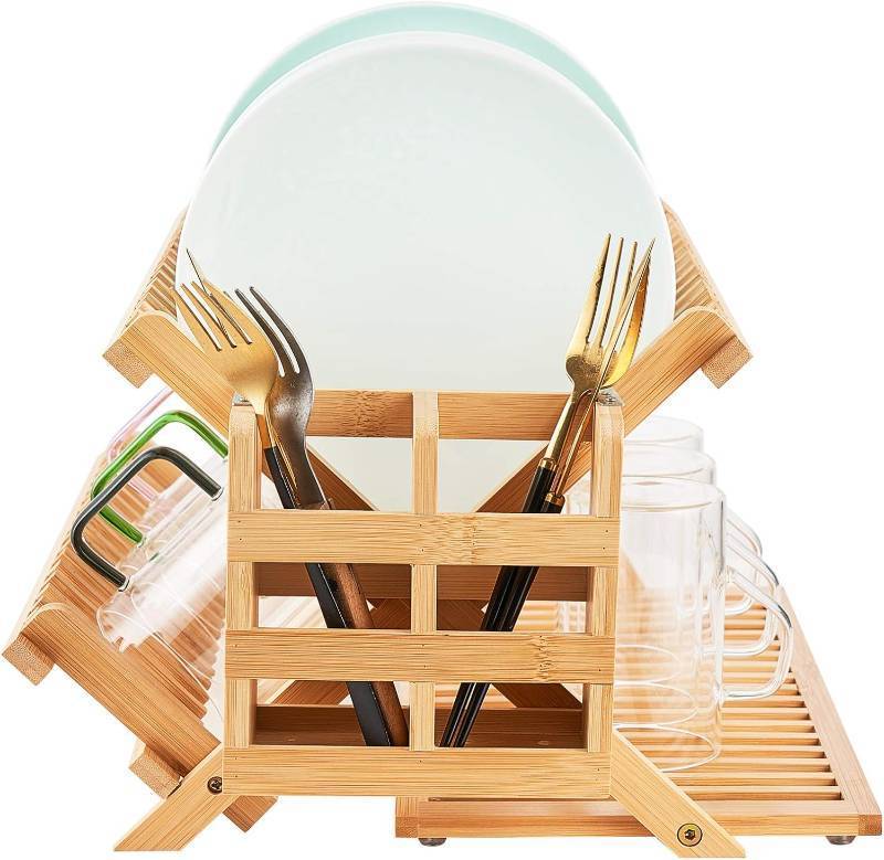 lot 311292 image: Bamboo Dish Drying Rack, 3 Tier Collapsible Wooden Dish Drainer Rack with Utensil Holder, Plate Rack for Kitchen Counter, Large Folding Drying Holder 51 pcs Grid