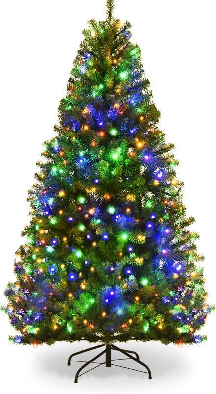 lot 411234 image: COSTWAY 5 FT Pre-lit Christmas Tree, Artificial Xmas Tree with 150 Warm White & Multicolored Lights, 11 Modes, 600 Branch Tips, Metal Support, Holiday Decoration Fake Tree for Home, Office, Party