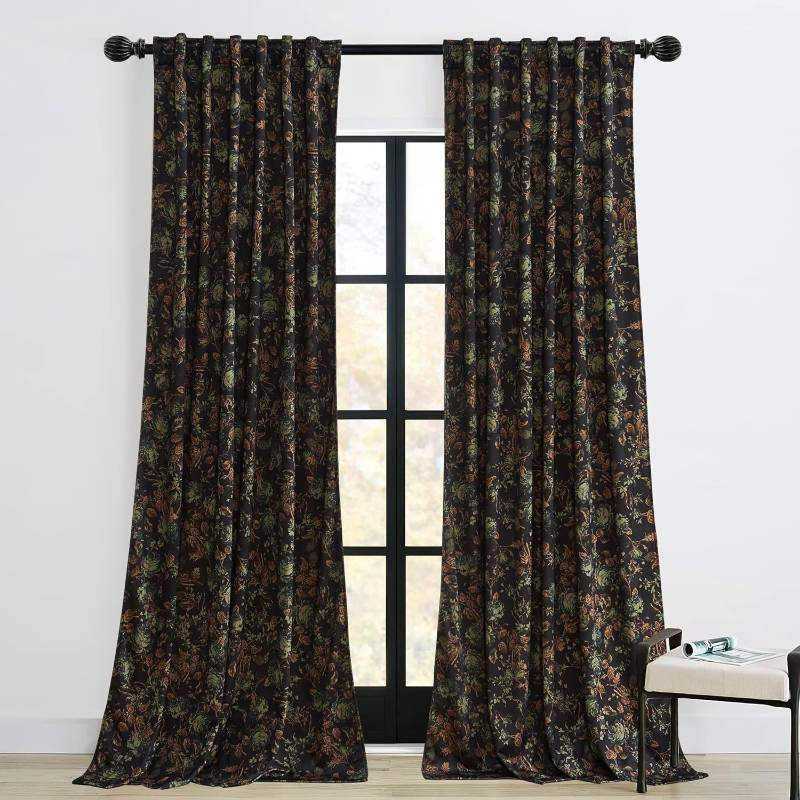 lot 411275 image: StangH Black Velvet Curtains 96 inches Long, Luxury Back Tab Print Vintage Blooming Floral Pattern Drapes for Living Room Privacy Thick Panels for Patio Sliding Door, 52 x 96-inch, 2 Panels