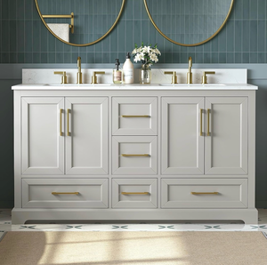 60 Inch Bathroom Vanity with Double Sink Combo, Solid Wood Frame with Mable Top &Backspalsh, Fully-Assembled with Soft-Closing Doors & 5 Drawers, Greige - Retail: $1,229