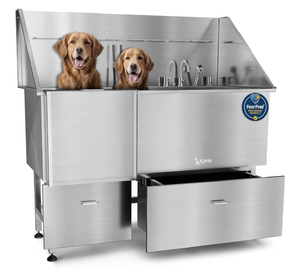 KANIS Professional Dog Washing Station - 304 Stainless Steel Pet Wash Sink & Grooming Bathtub w/Shower, Floor Grates and Storage for Large, Medium & Small Pets (61\", 2 Drawers - Left Ramp) - Retail: $1,999