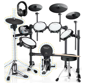 Fesley Electric Drum Set, FED1000 Electronic Drum Set with 4 Quiet Mesh Drum Pads, Independent HiHat and Kick Drum Full Size Adult Drum Set, 3 Cymbals with Choke, 225 Sounds, USB MIDI, Drum Throne, and Sticks - Retail: $549