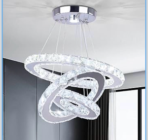 lot 16327 image: WOSOHYUN 3-Ring Silver Crystal Chandelier, Modern LED Ceiling Light with Adjustable 3-Color, Luxury Pendant Lighting for High Ceiling Foyer, Staircase, Dining Room - Retail $178