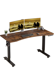lot 16328 image: Jceet Mobile Rolling Electric Standing Desk Height Adjustable, 55 x 30 Inches Sit to Stand Desk with Splice Board, Black FrameRustic Brown Top - Retail $199