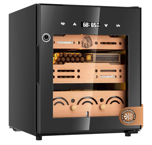 lot 16334 image: Electric Cigar Humidor Cabinet with Temperature & Humidity Control System, 50L Cooling Cigar Fridge up to 300 Counts, Cedar Wood Shelves,Digital LED Screen,Fingerprint Safety Lock,Gift for Men - Retail $299