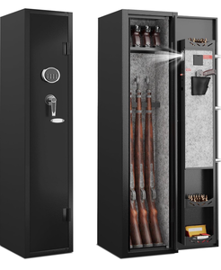 lot 16339 image: KAER 2-3 Gun Safe,Rifle Safe,Gun Safe for Rifles and Pistols,Gun Cabinet for Shotguns,Long Gun Cabinet for Shotguns with Removable Storage Shelf,LED Light,Quick Access Rifle Safes,Adjustable Shelves - Retail $179